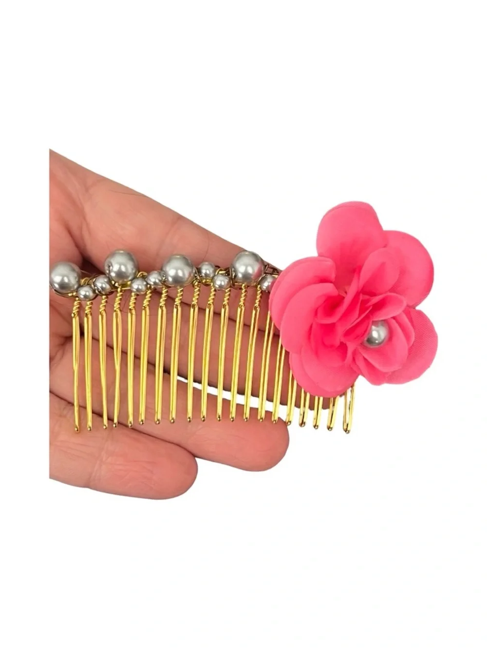 Gold Tone Hair Comb Pink Fabric Flower Silver Pearl Accents FINAL PRICE DROP